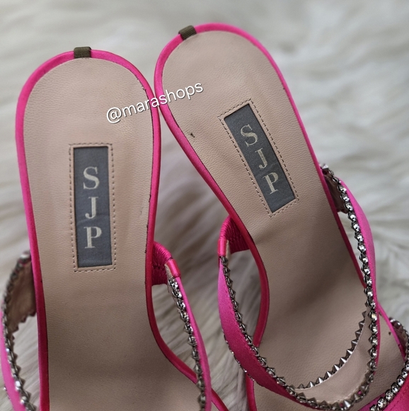 SJP by Sarah Jessica Parker Blossom Rhinestone Heel Sandals Pink Satin - Picture 8 of 10